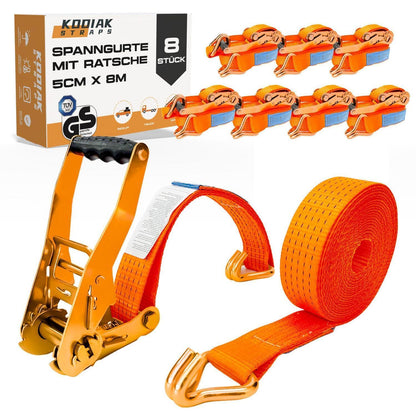 8 Spanngurte 8m | 5000kg Tragkraft | Orange Ratschengurt