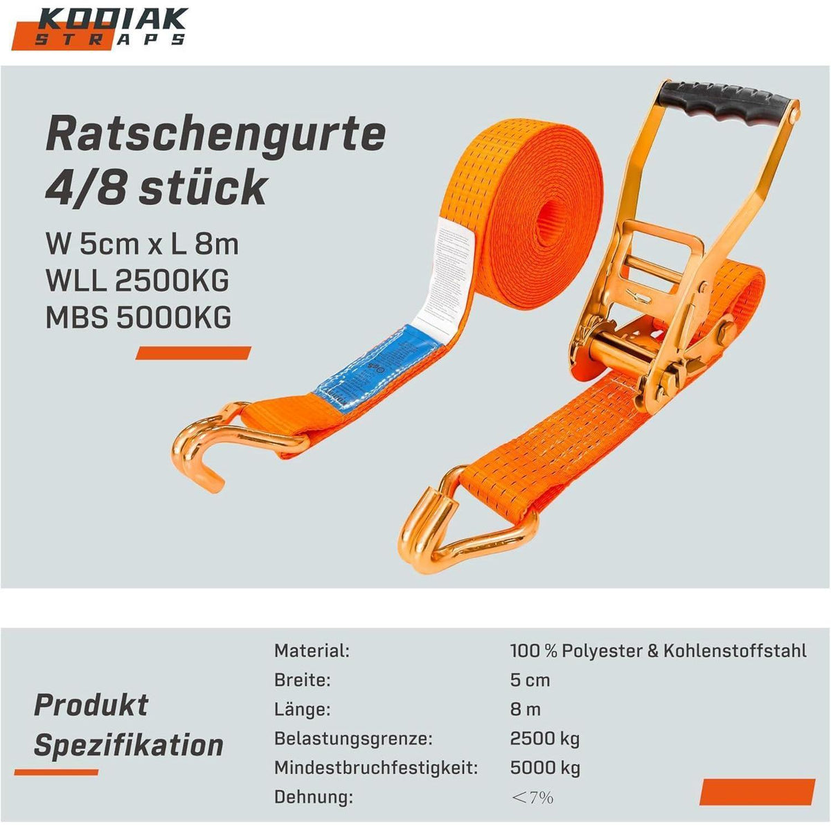 8 Spanngurte 8m | 5000kg Tragkraft | Orange Ratschengurt