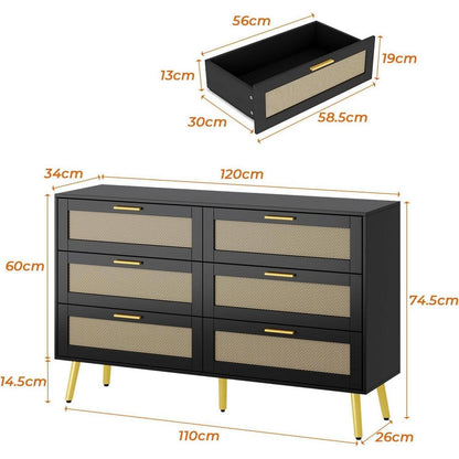 Rattan Kommode mit 6 Schubladen & goldenen Akzenten