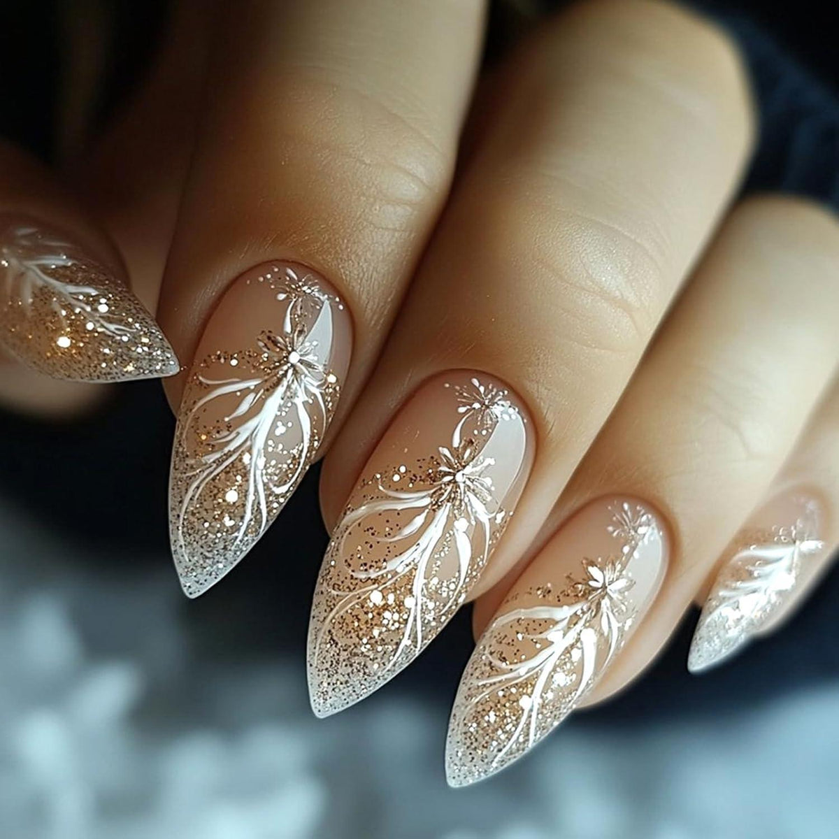 Rosa French Press on Nails Mandel Glitzer Schneeflocken