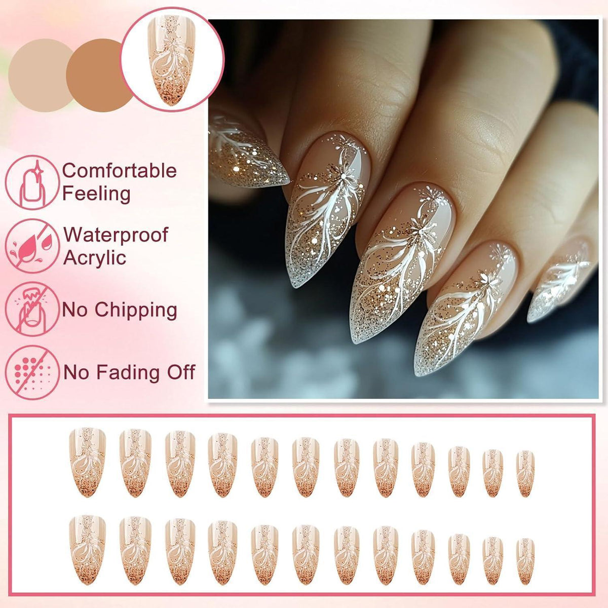 Rosa French Press on Nails Mandel Glitzer Schneeflocken