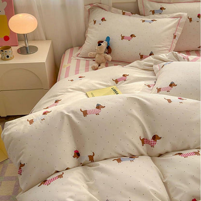 Dackel Bettwäsche 140x200 Rosa Gestreift mit Dackelmotiv