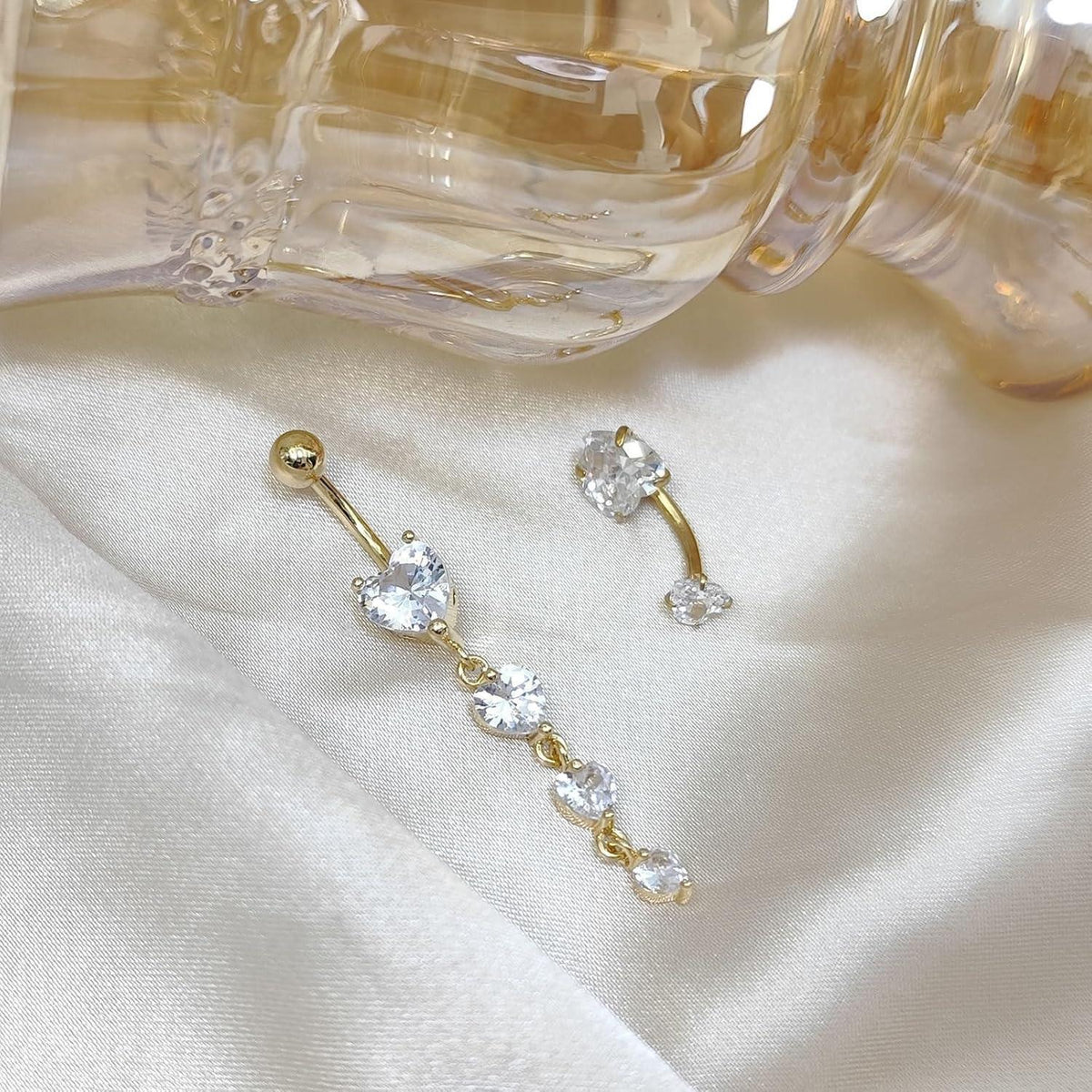 Bauchnabelpiercing 2er Set Herz Anhänger 10mm 14G Edelstahl Silber Gold