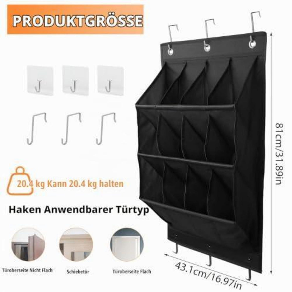 Hängender Schuh Organizer mit 12 Taschen – Über Tür Schuhregal Schwarz