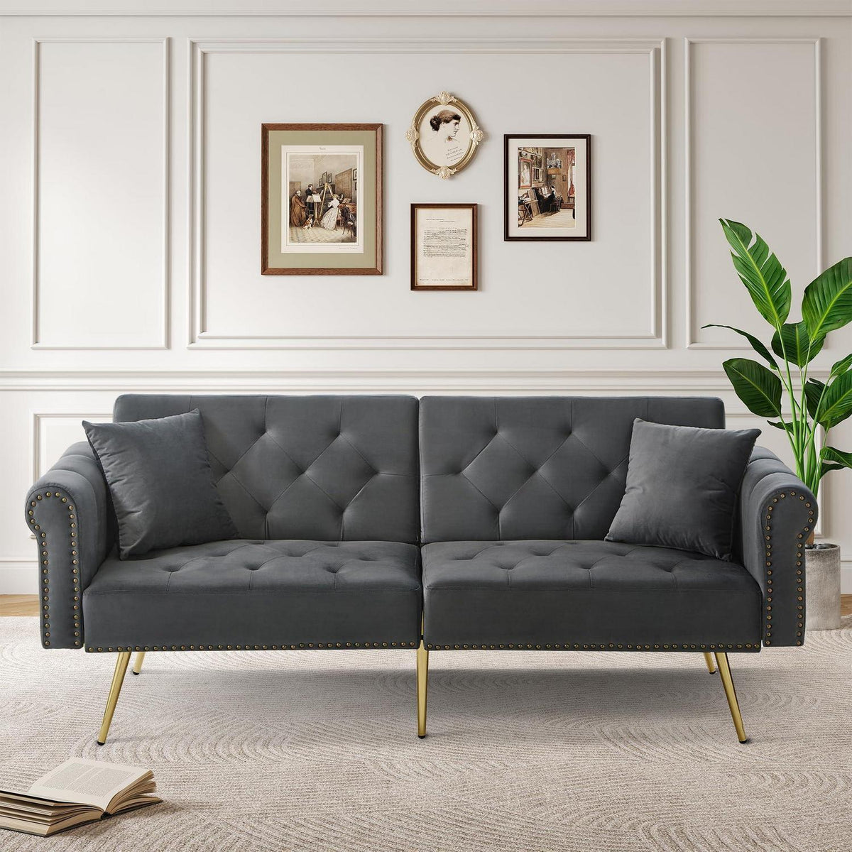 Modernes Schlafsofa mit Samtbezug & verstellbarer Rückenlehne (Grau)