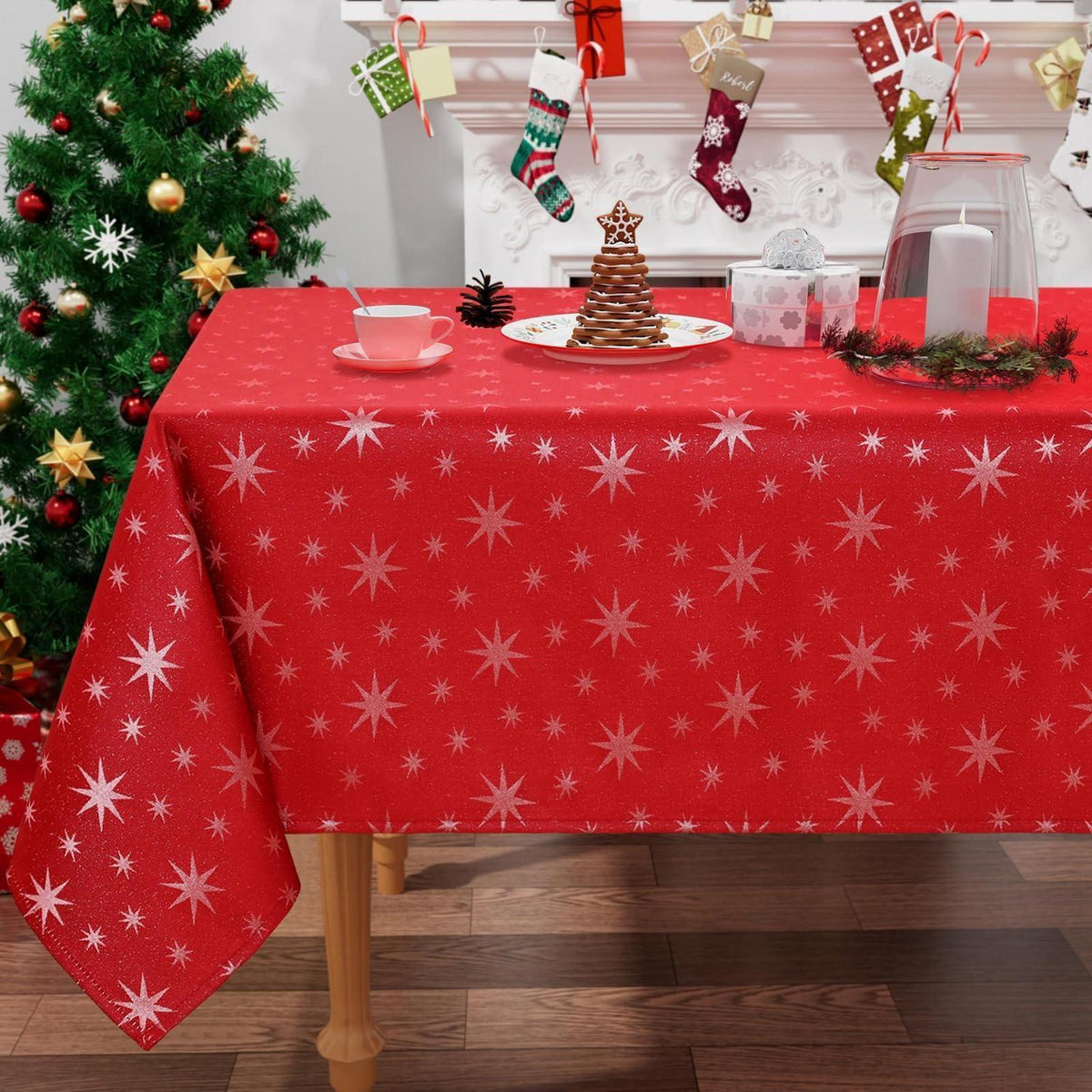 Tischdecke Weihnachten Rot 140x220cm Abwaschbar mit Sternenmuster