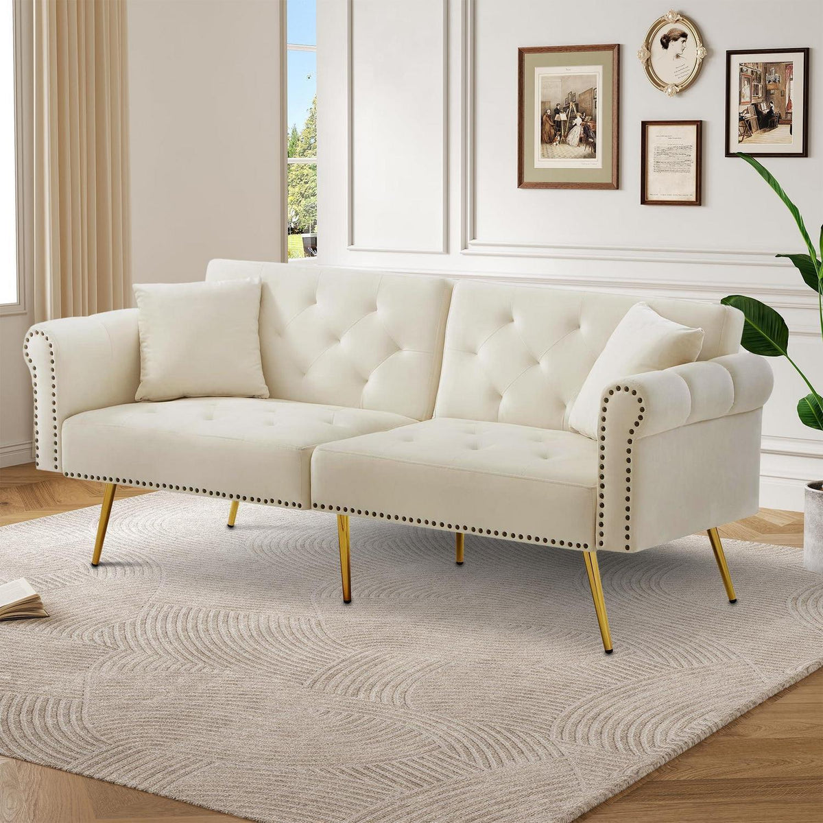 Modernes Schlafsofa mit Samtbezug & verstellbarer Rückenlehne (Beige)