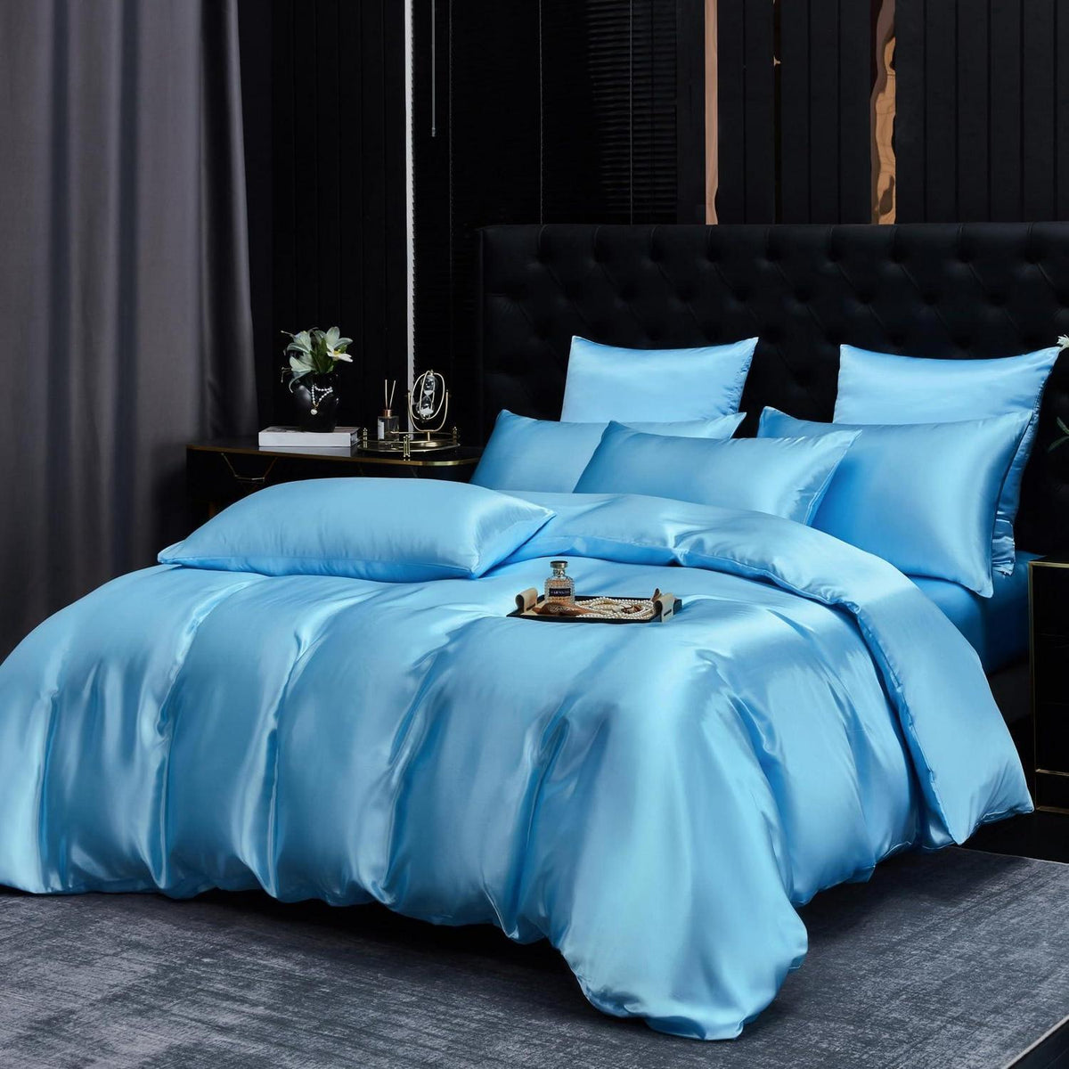 Satin Bettwäsche Set 135x200 Hellblau – Deluxe Weich & Glänzend