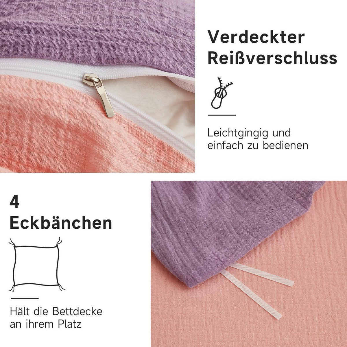 Muslin Bettwäsche 220x240 cm Lila Rosa – Atmungsaktiv & Kühlend