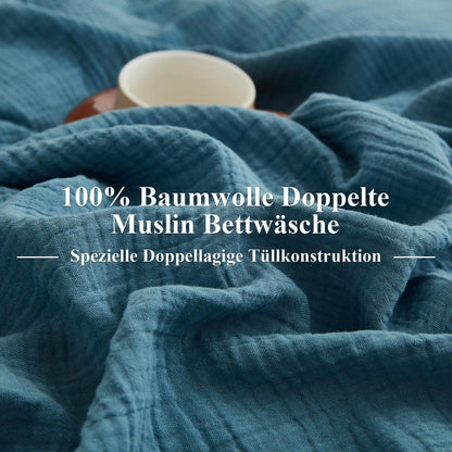 Muslin Bettwäsche 220x240 cm – Atmungsaktiv & Kühlend Blau