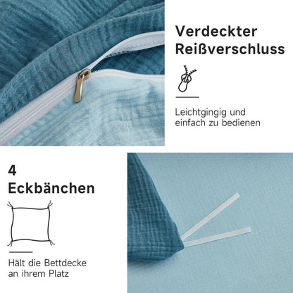 Muslin Bettwäsche 220x240 cm – Atmungsaktiv & Kühlend Blau