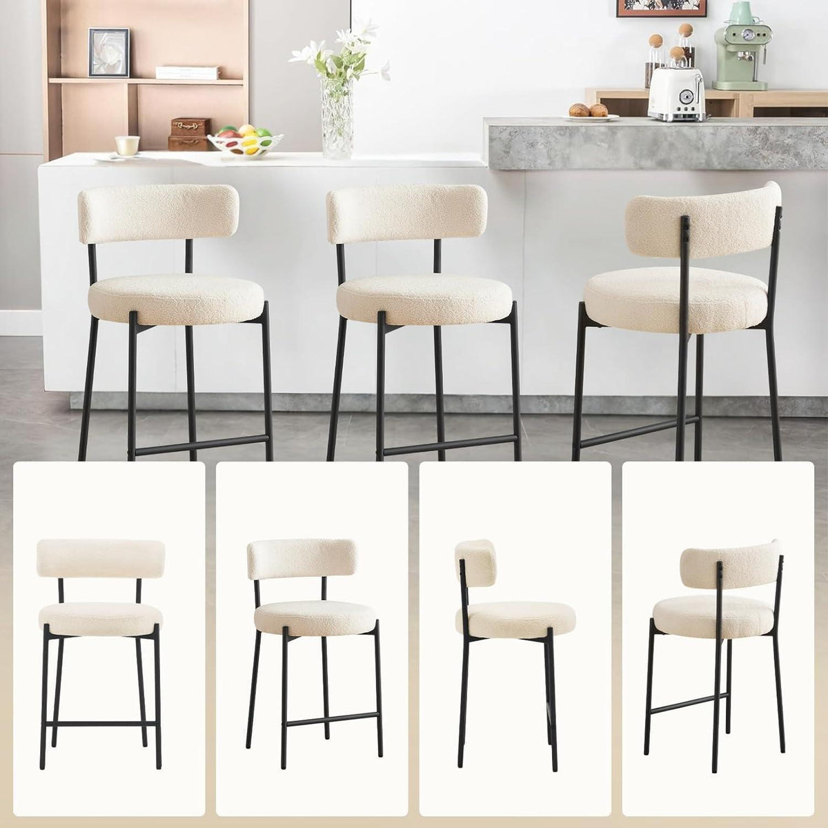 Barhocker Set 4er – Gepolstert, Weiß – 63,5cm Sitzhöhe