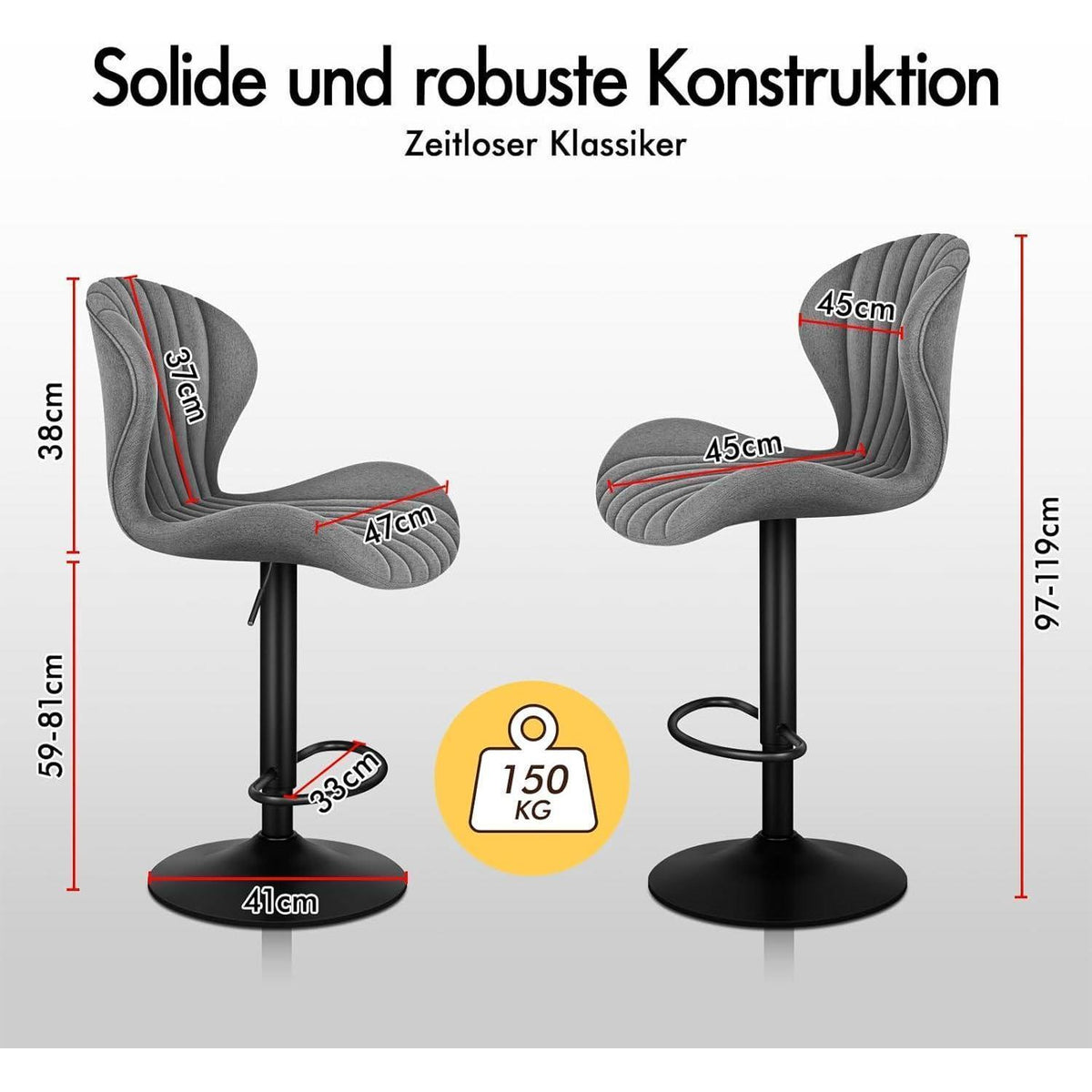 Barhocker Set 2 - Höhenverstellbar & Schwenkbar, Grau