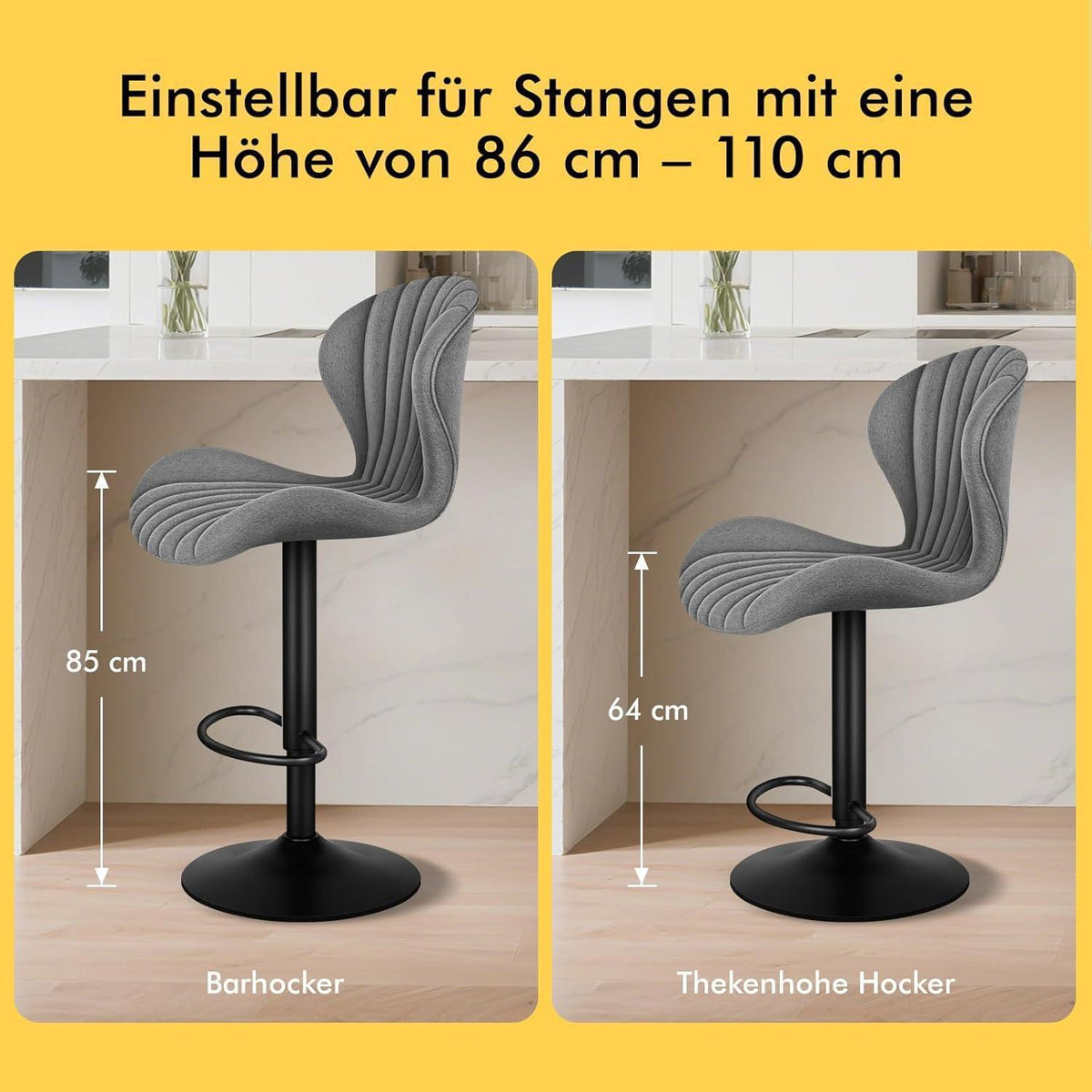 Barhocker Set 2 - Höhenverstellbar & Schwenkbar, Grau