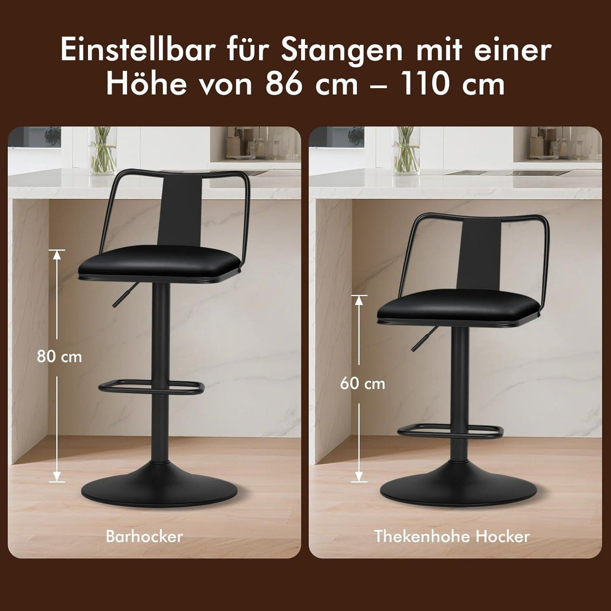 Verstellbarer Barhocker-Set (2x) Schwarz mit Fußstütze
