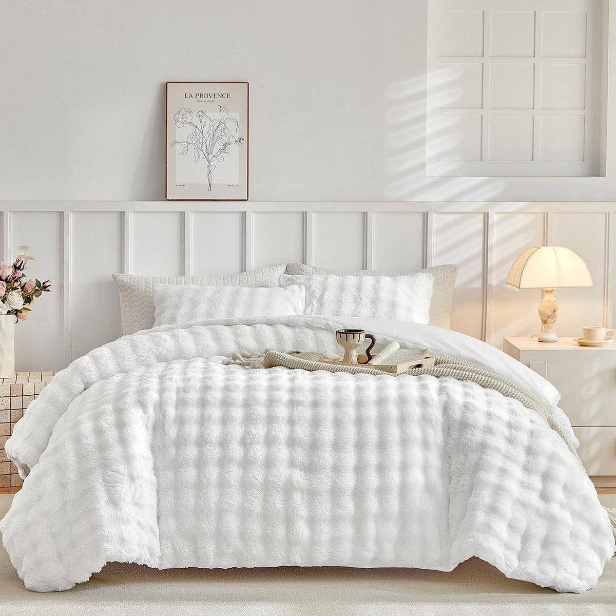 Flauschiges Bettwäsche-Set King Size – Weißes Kunstfell