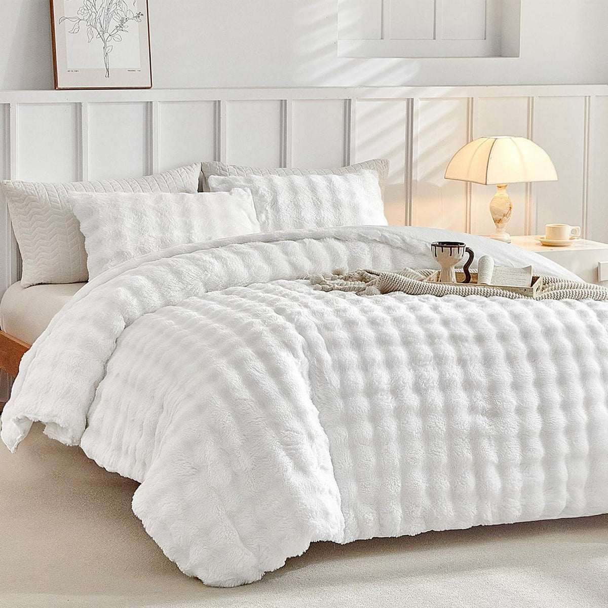 Flauschiges Bettwäsche-Set King Size – Weißes Kunstfell