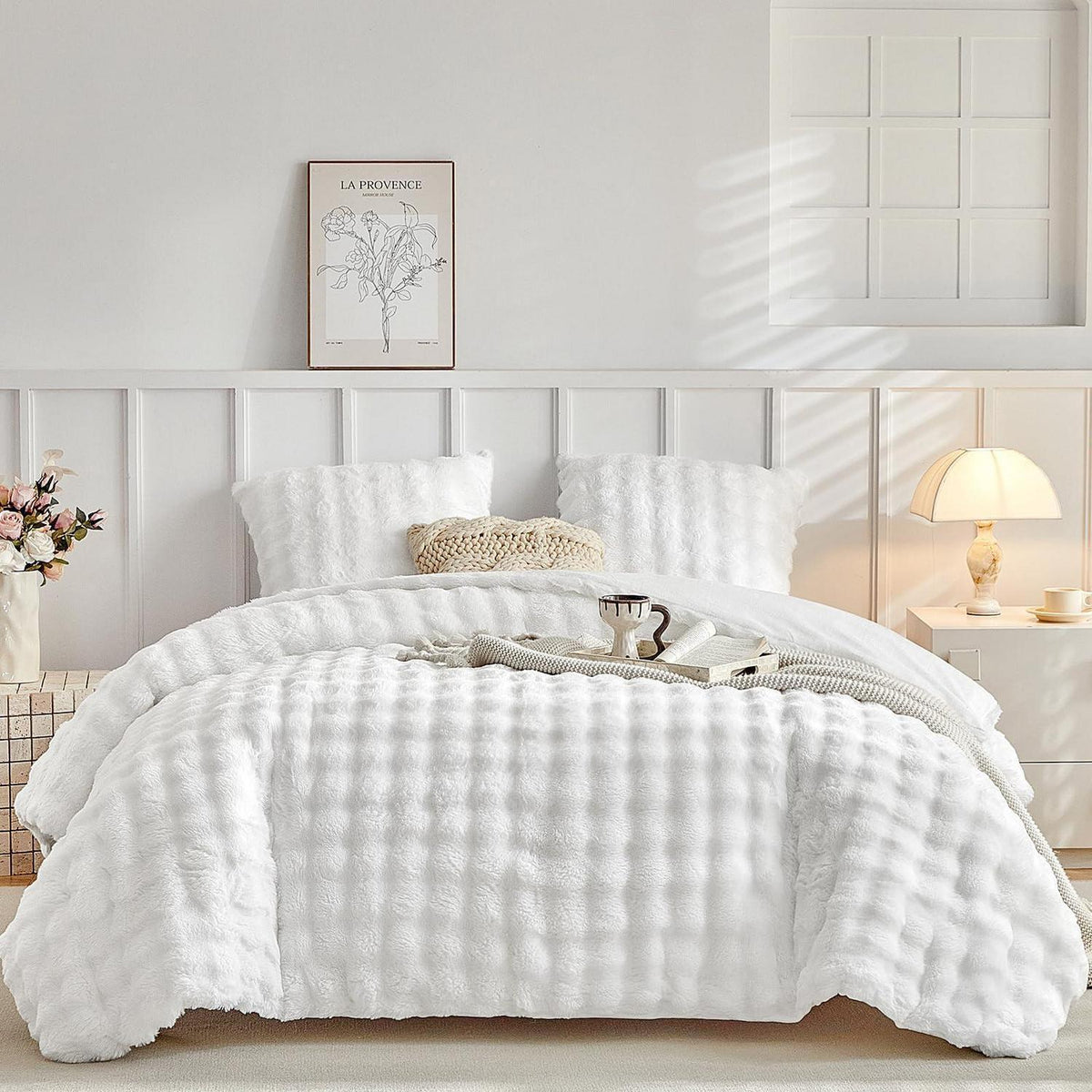 Flauschiges Bettwäsche-Set Doppelbett, Weiß, Kunstfell