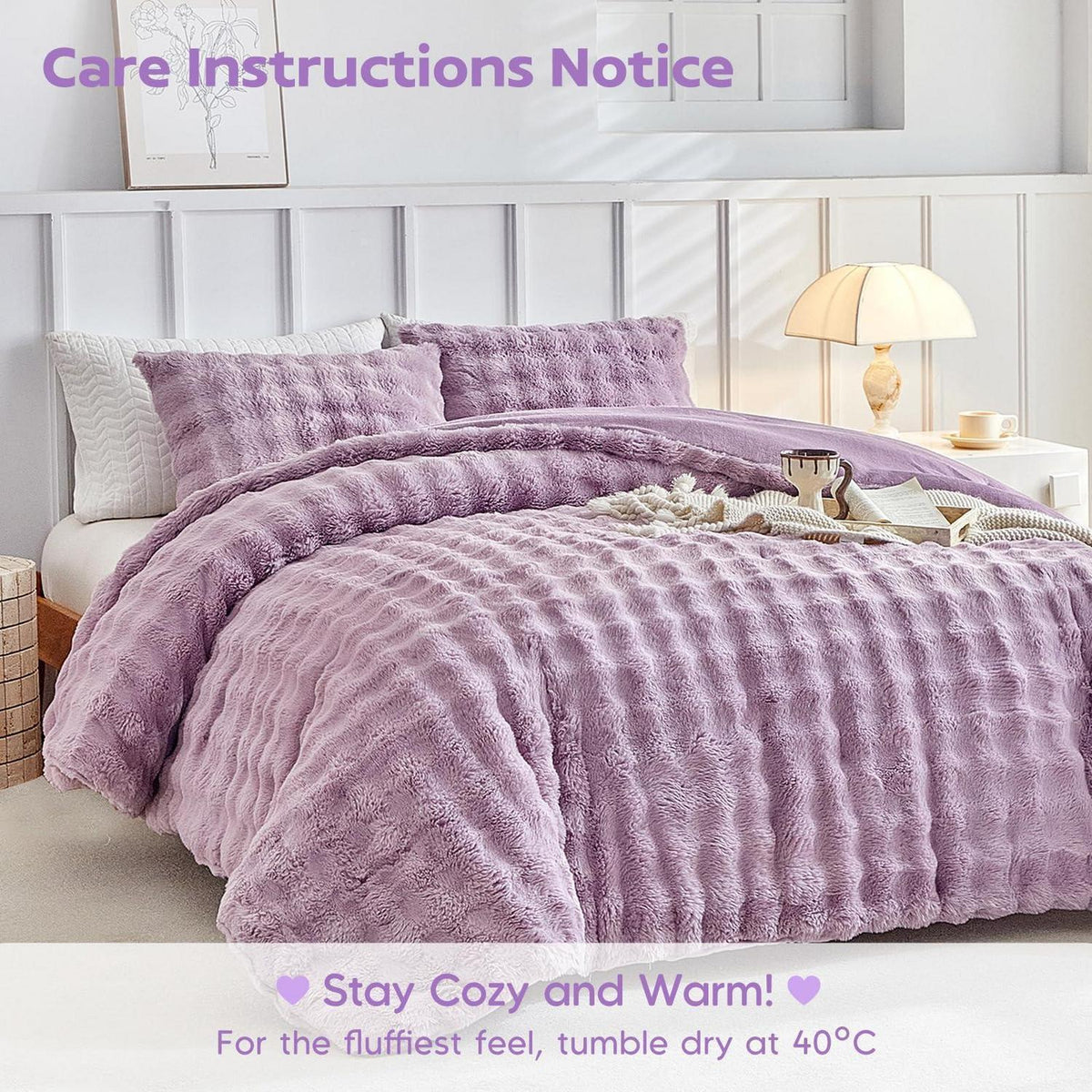 Flauschiges King-Size Bettwäsche-Set Violett, Zottel Kunstfell