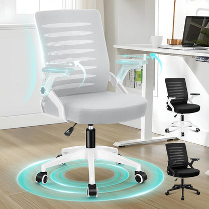 Ergonomischer Bürostuhl mit Lendenstütze, hochklappbare Armlehnen, 180kg, Weiß & Grau
