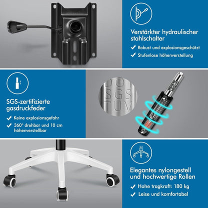 Ergonomischer Bürostuhl mit Lendenstütze, hochklappbare Armlehnen, 180kg, Weiß & Grau
