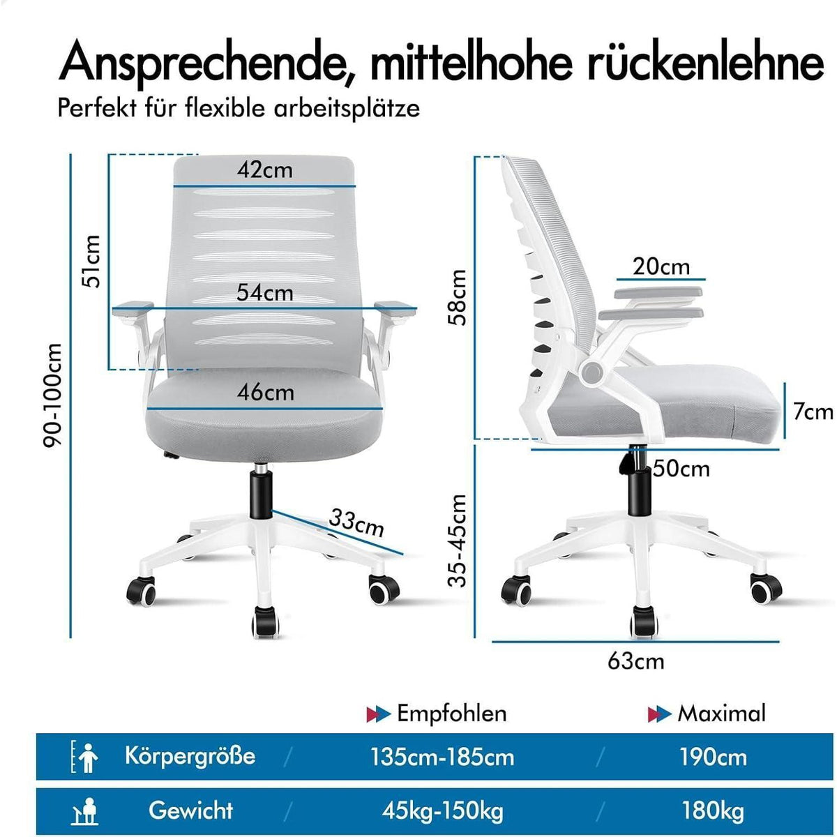 Ergonomischer Bürostuhl mit Lendenstütze, hochklappbare Armlehnen, 180kg, Weiß & Grau