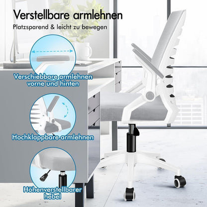 Ergonomischer Bürostuhl mit Lendenstütze, hochklappbare Armlehnen, 180kg, Weiß & Grau
