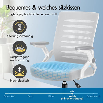 Ergonomischer Bürostuhl mit Lendenstütze, hochklappbare Armlehnen, 180kg, Weiß & Grau
