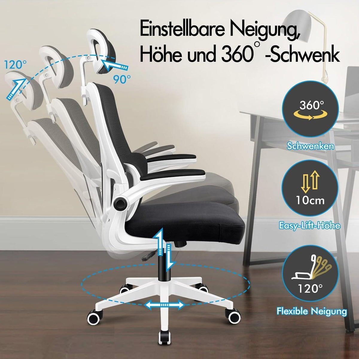 Ergonomischer Bürostuhl mit Lendenstütze, Schwarz Weiß