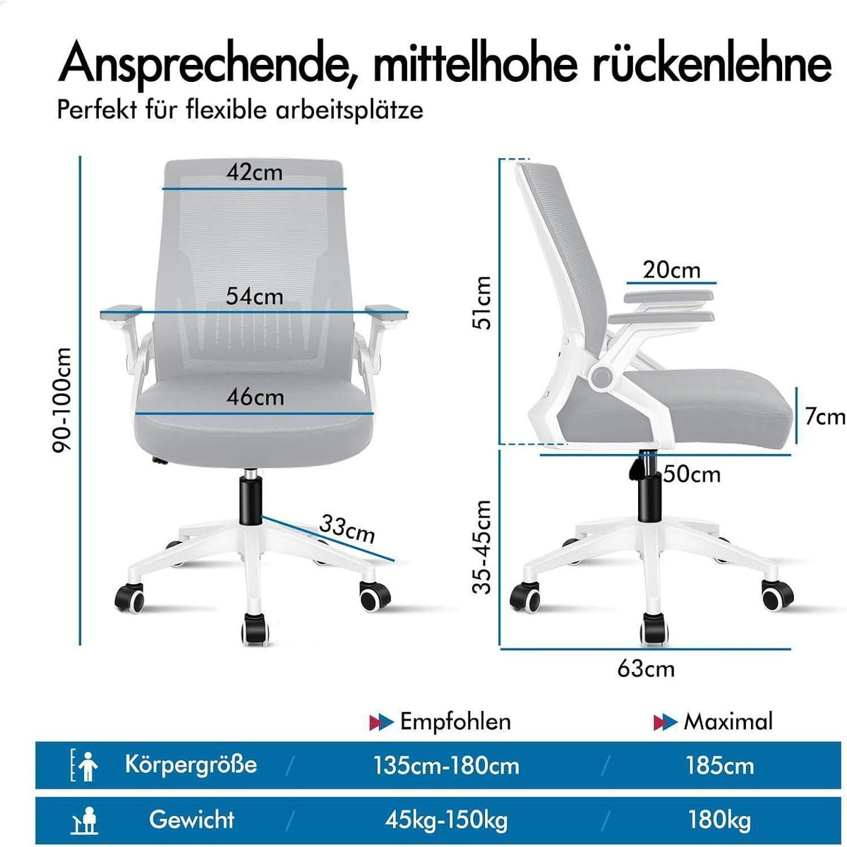 Ergonomischer Bürostuhl Netzstoff Hochlehner Weiß & Grau