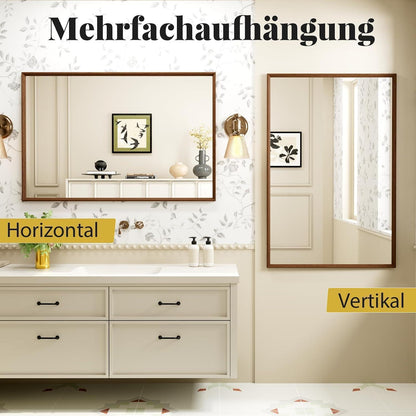 Badezimmerspiegel 60x90cm Braun Holzoptik | Sicherheitsglas & Montagezubehör