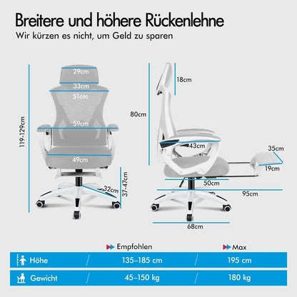 Ergonomischer Bürostuhl mit Lendenstütze, Weiß & Grau