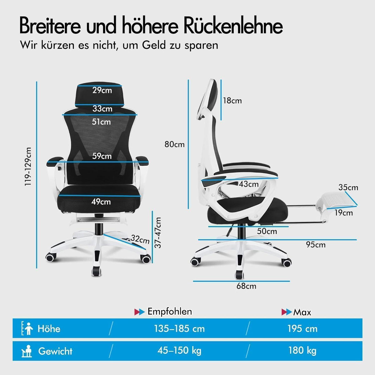 Ergonomischer Schreibtischstuhl mit Lendenstütze, Schwarz Weiß
