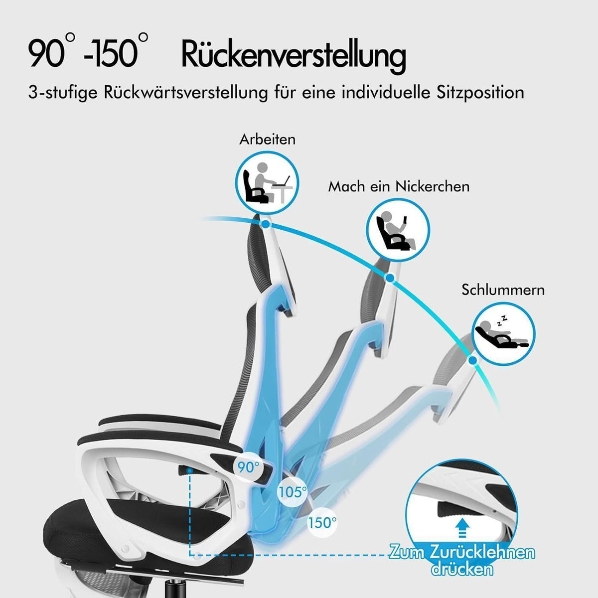 Ergonomischer Schreibtischstuhl mit Lendenstütze, Schwarz Weiß
