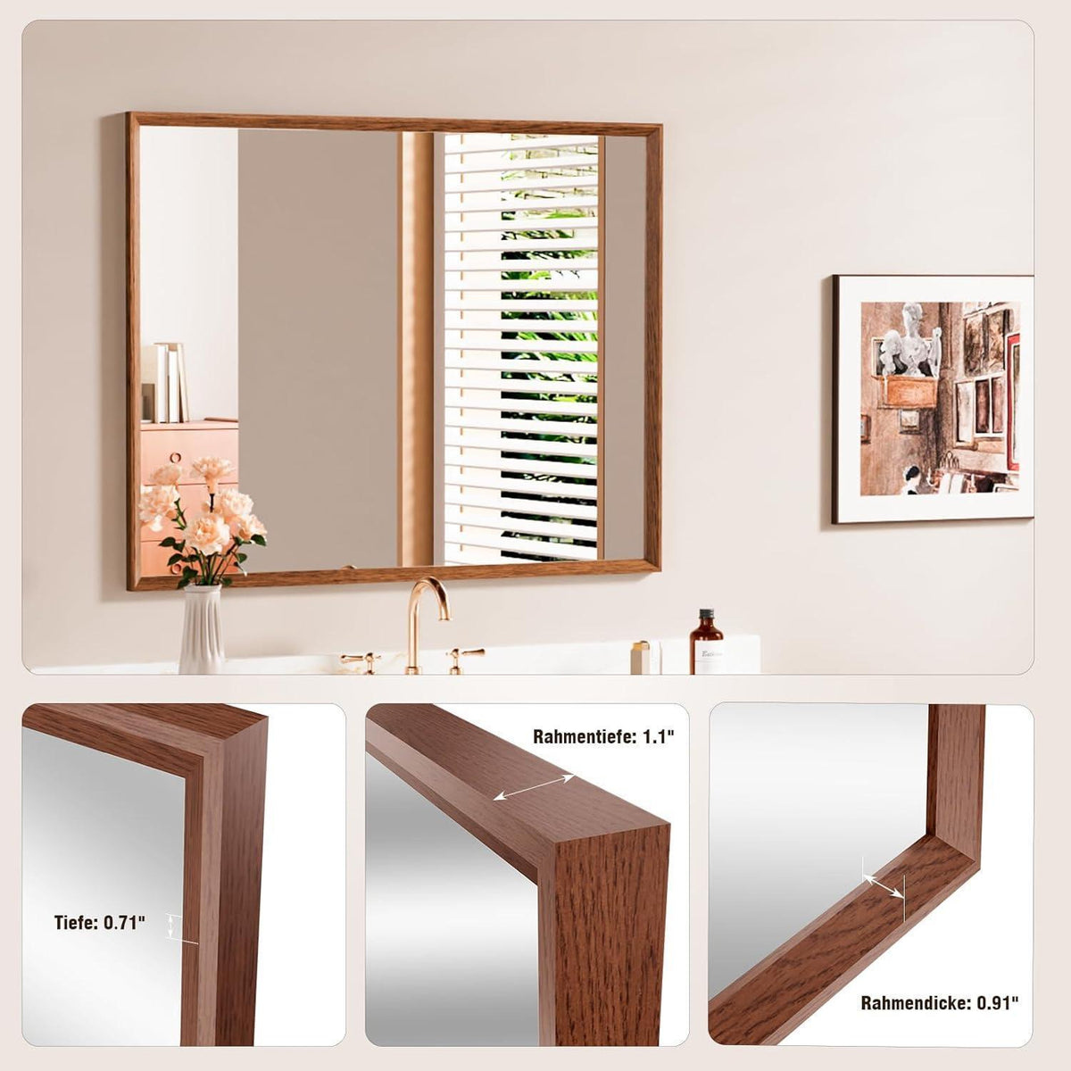 Vintage Wandspiegel Braun 70x90 cm - Rechteckiger Kosmetikspiegel