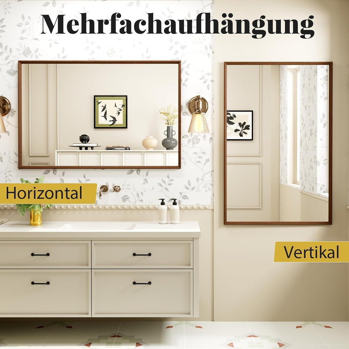 Badezimmerspiegel 50x70cm Braun Holzoptik | Sicherheitsglas & Montagezubehör