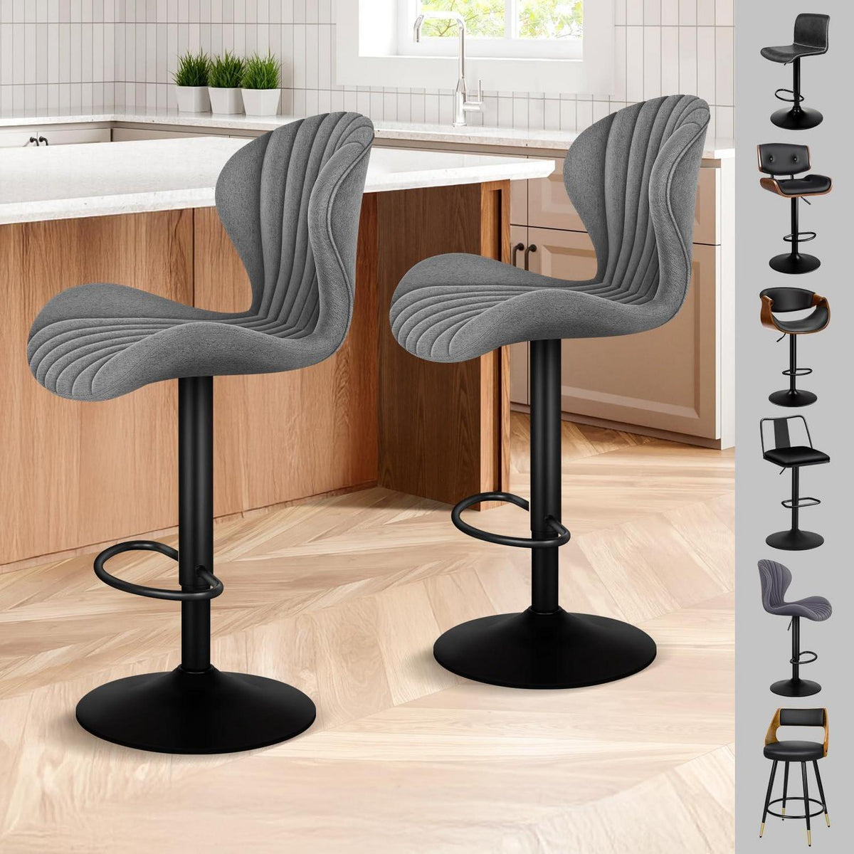 Barhocker Set 2er – Höhenverstellbar, Grau Leinen