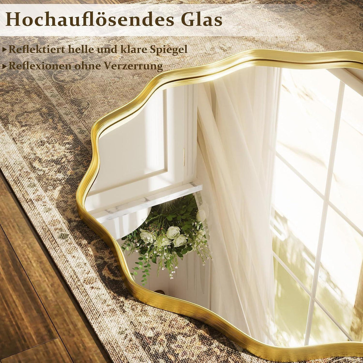 Runder Wandspiegel 90cm mit Goldrahmen & Wellenkante