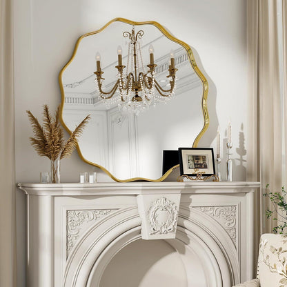 Runder Wandspiegel 90cm mit Goldrahmen & Wellenkante