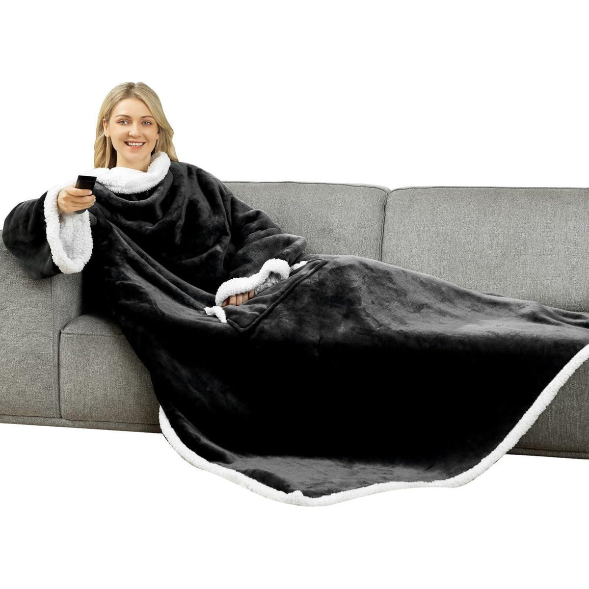 Kuscheldecke mit Ärmeln Schwarz 140x180cm – Warm & Weich