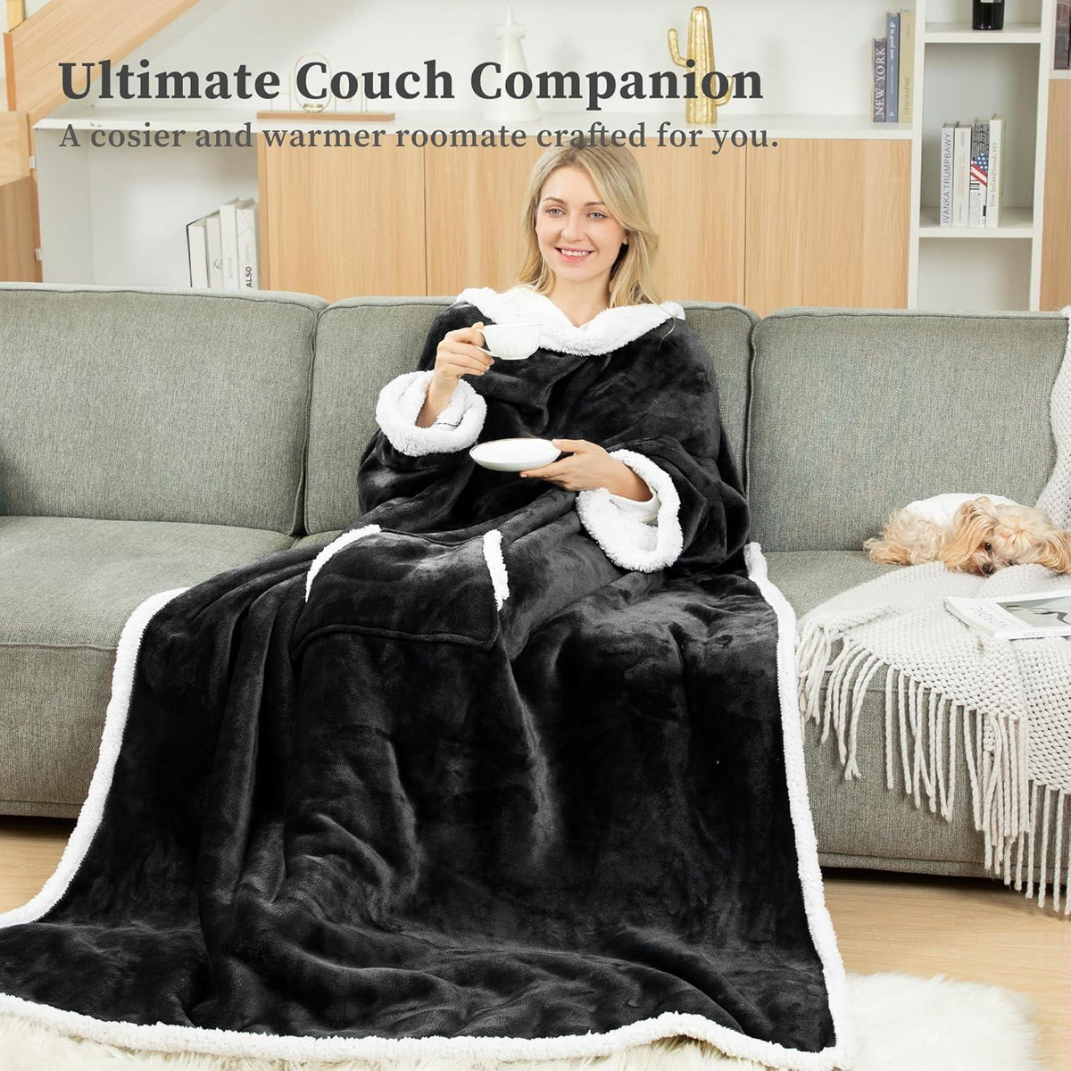 Kuscheldecke mit Ärmeln Schwarz 140x180cm – Warm & Weich