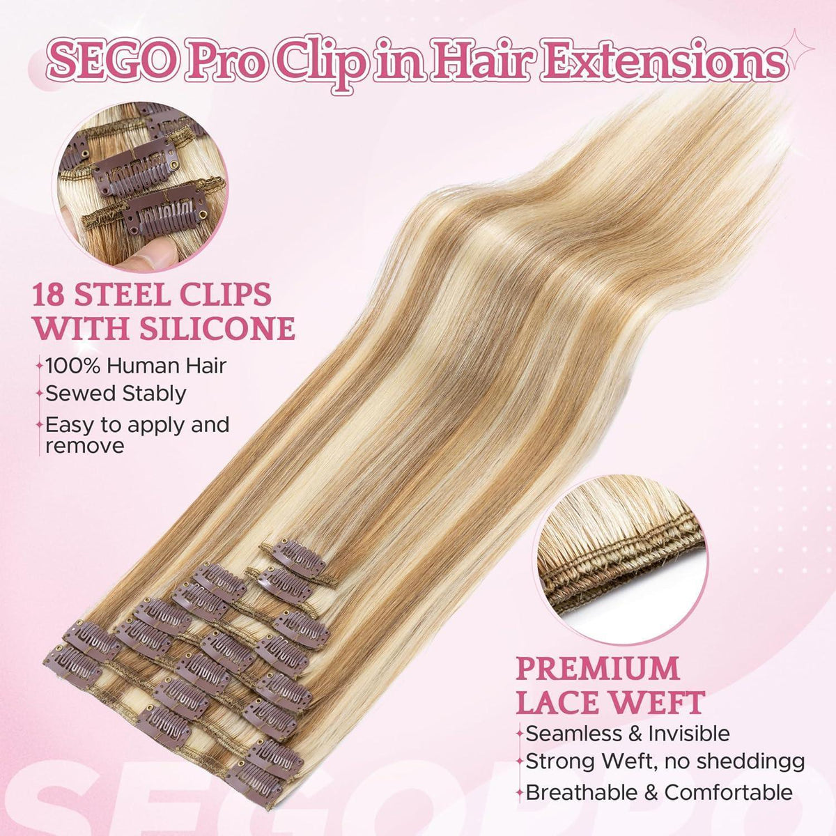 Remy Haarverlängerung 50cm Echthaar Clip-in 12P613 Goldbraun/Blond