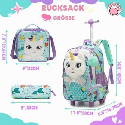 Schulranzen mit Rollen für Mädchen – 3-teiliges Set mit Snackbeutel
