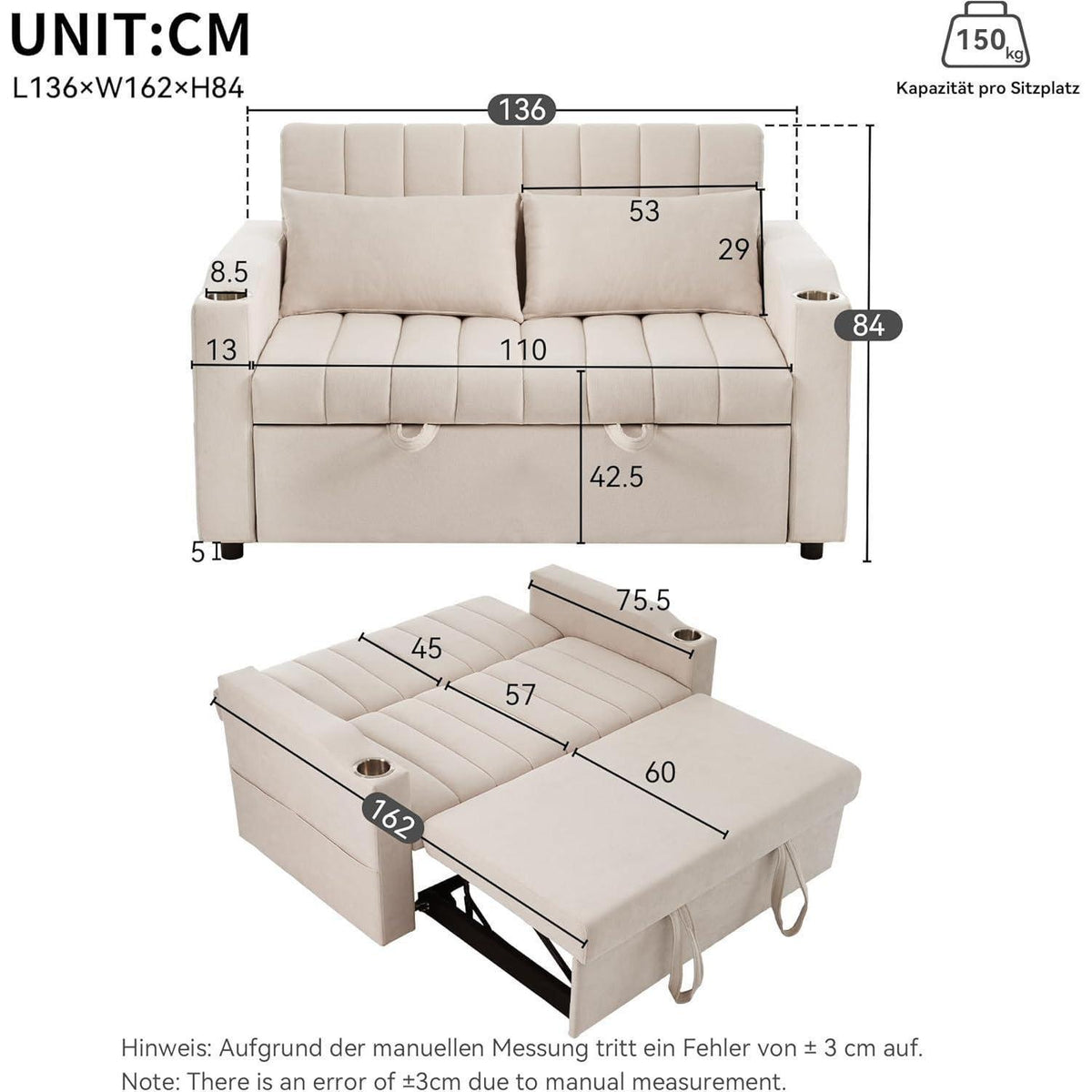 2-Sitzer Schlafsofa mit Getränkehaltern & verstellbarer Rückenlehne