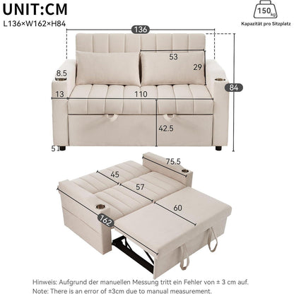 2-Sitzer Schlafsofa mit Getränkehaltern & verstellbarer Rückenlehne