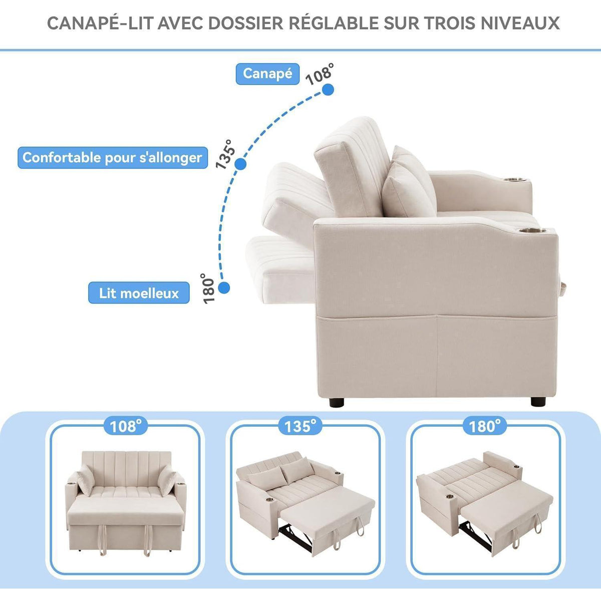 2-Sitzer Schlafsofa mit Getränkehaltern & verstellbarer Rückenlehne