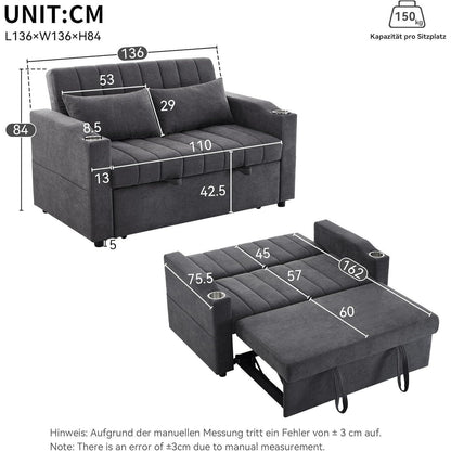 2-Sitzer Schlafsofa mit Getränkehaltern & verstellbarer Rückenlehne