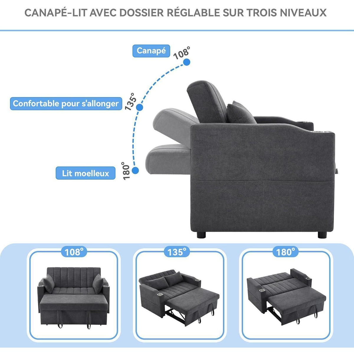 2-Sitzer Schlafsofa mit Getränkehaltern & verstellbarer Rückenlehne