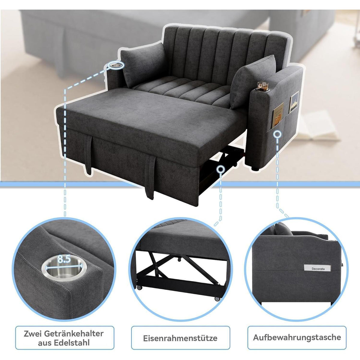 2-Sitzer Schlafsofa mit Getränkehaltern & verstellbarer Rückenlehne