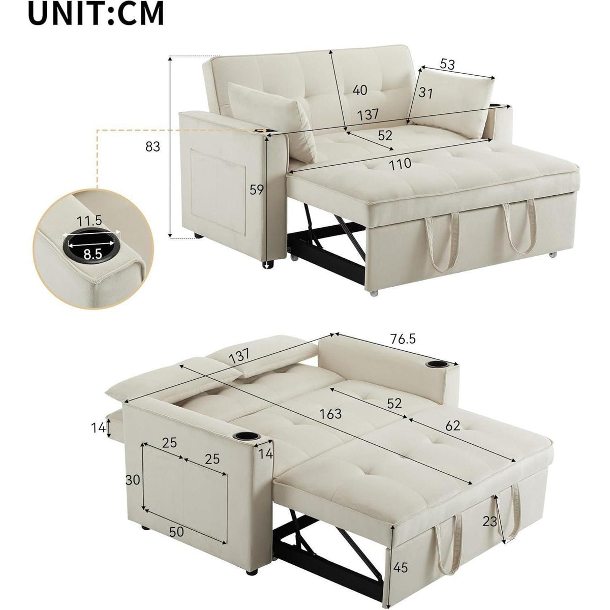 2-Sitzer Schlafsofa mit Bettfunktion & Getränkehaltern